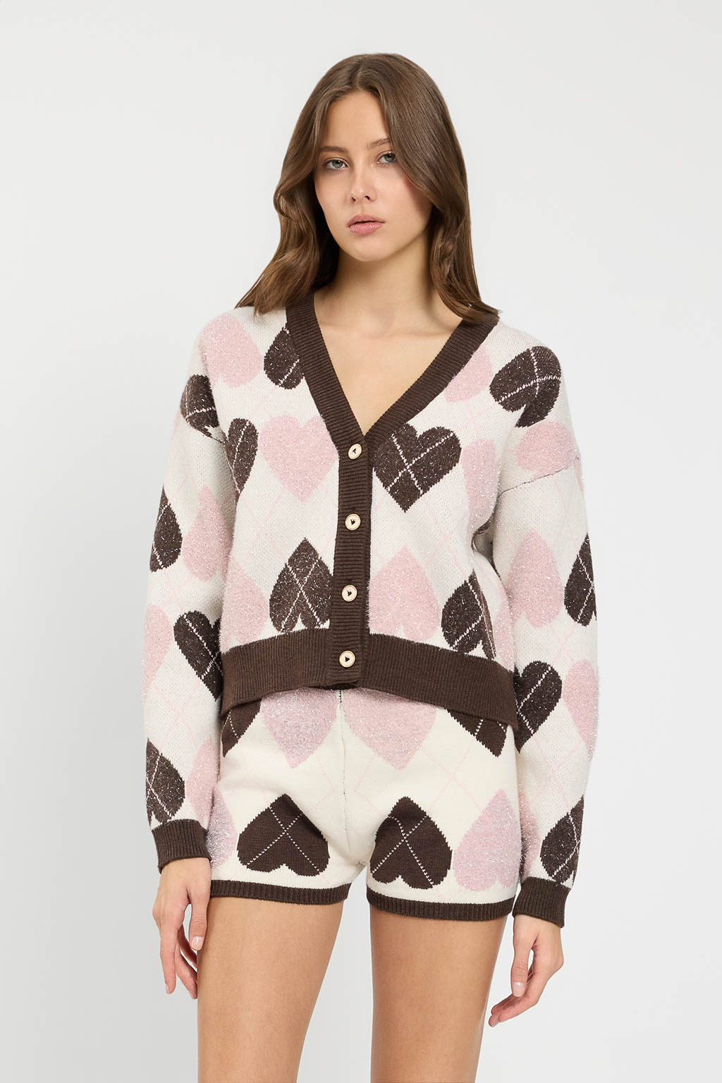 Cardigan da donna in maglia marchio TWINSET con lavorazione jacquard piquet motivo cuori e check su Origami Store