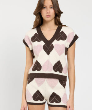 Gilet da donna in maglia marchio TWINSET con lavorazione jacquard piquet motivo cuori e check con scollo a V su Origami Store