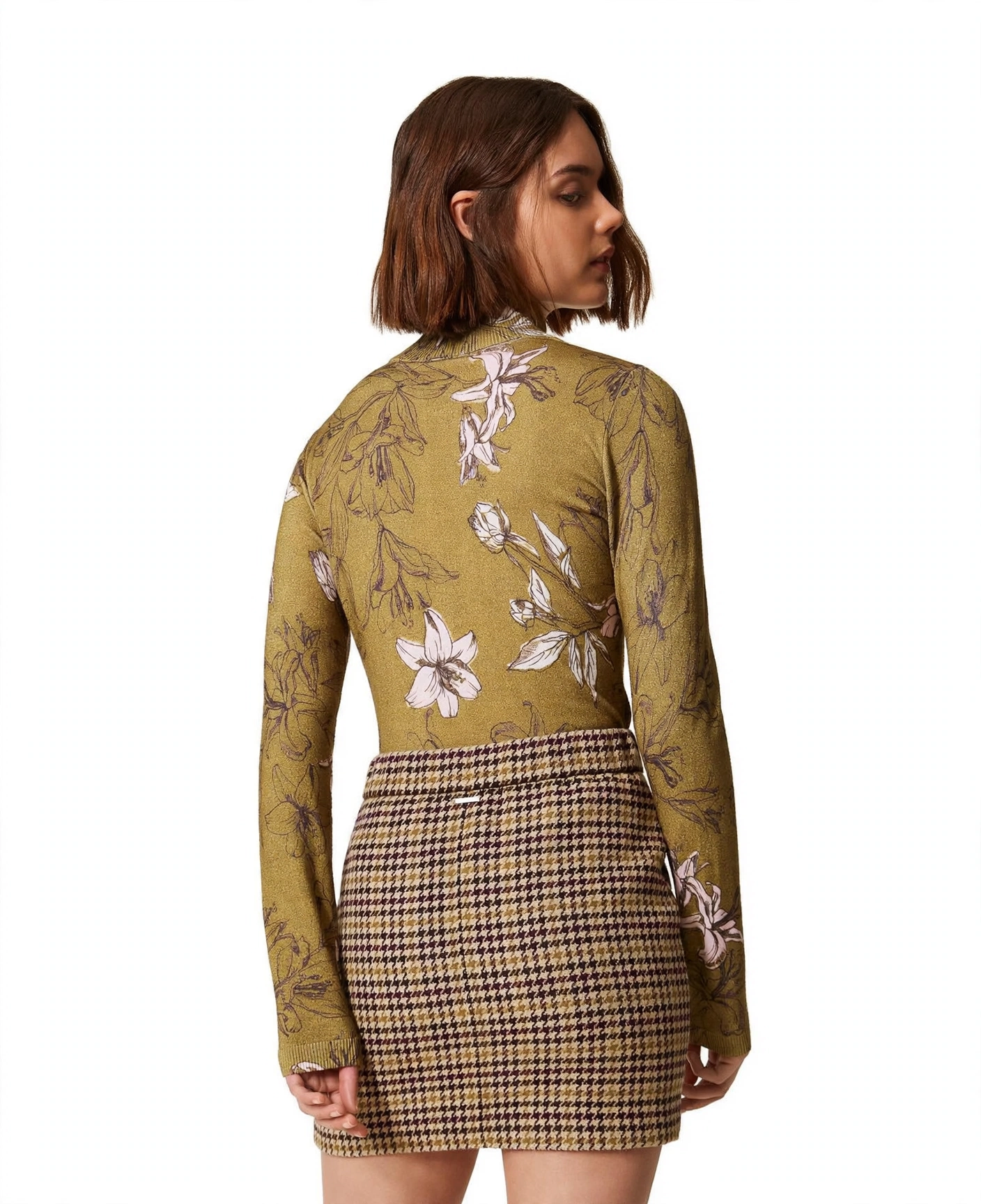 Twinset – Gonna Corta "Pied-de-Poule Multicolor" in Misto Lana Jacquard - immagine 2