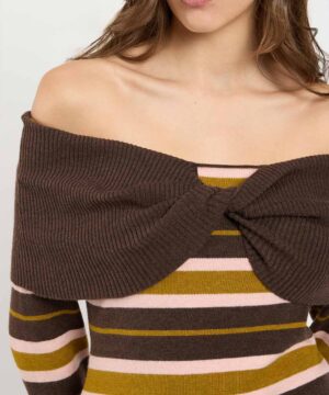 Alternative view of TWINSET – Maglia "Riga Mocha/Shiny" in Misto Lana e Seta con Scollo Bardot
