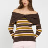 Maglia da donna a righe riga mocha shiny marchio TWINSET con scollo Bardot a spalle scoperte e risvolto incrociato sul davanti su Origami Store