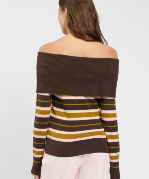 TWINSET – Maglia "Riga Mocha/Shiny" in Misto Lana e Seta con Scollo Bardot - immagine 3