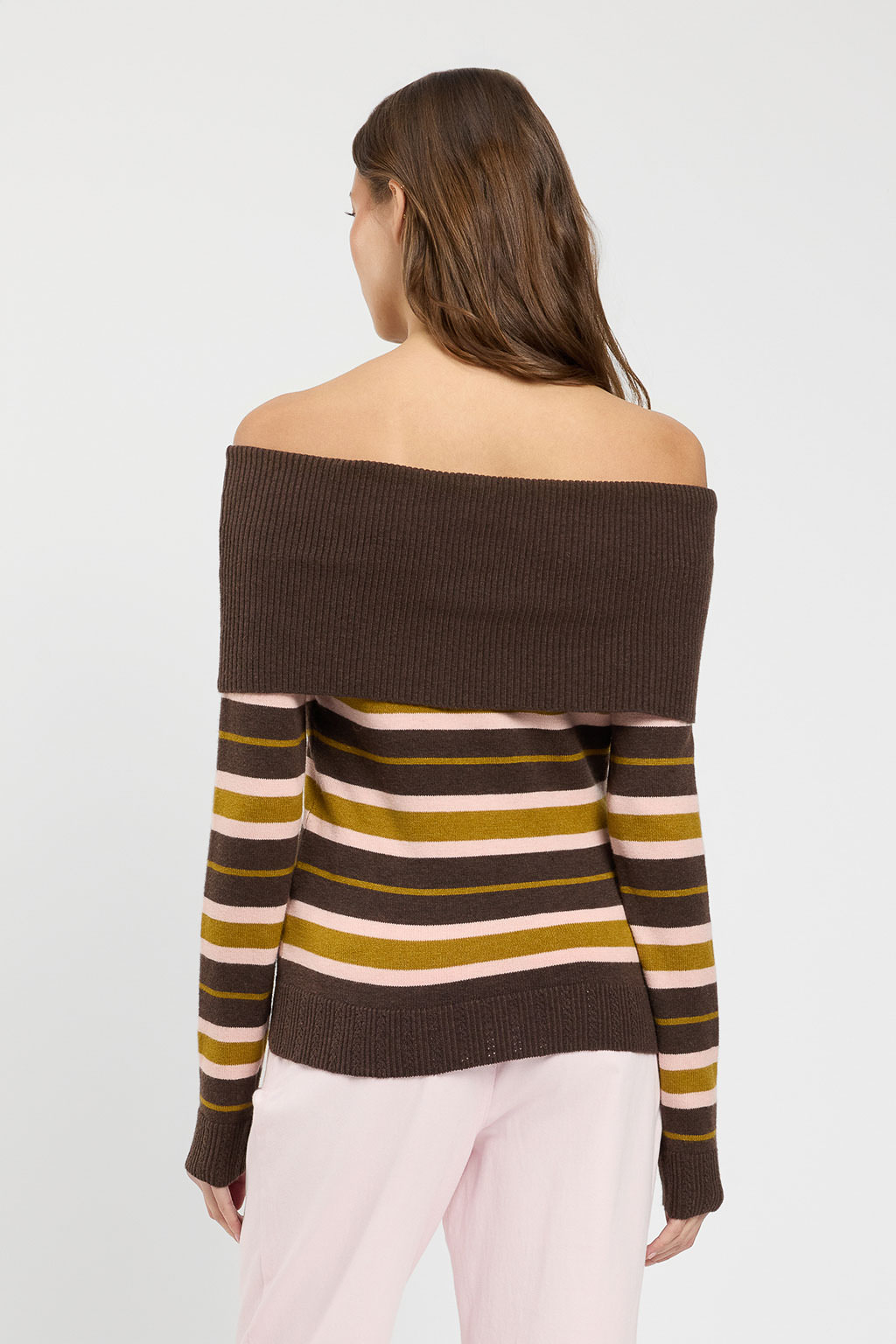 TWINSET – Maglia "Riga Mocha/Shiny" in Misto Lana e Seta con Scollo Bardot - immagine 3
