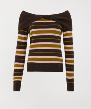 TWINSET – Maglia "Riga Mocha/Shiny" in Misto Lana e Seta con Scollo Bardot - immagine 4