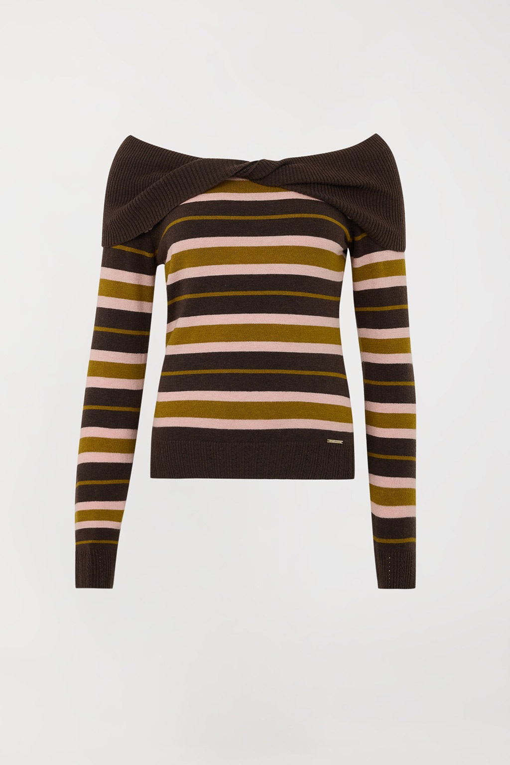 TWINSET – Maglia "Riga Mocha/Shiny" in Misto Lana e Seta con Scollo Bardot - immagine 4