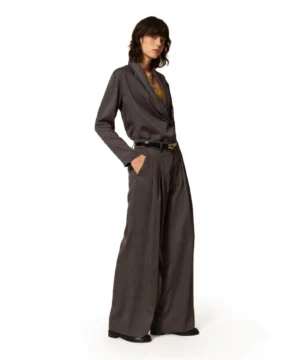 Twinset – Pantaloni Ampi "Nocciola Iron" in Raso Lyocell