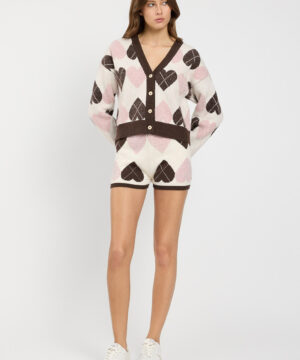Shorts da donna in maglia marchio TWINSET con lavorazione jacquard piquet motivo cuori e check su Origami Store
