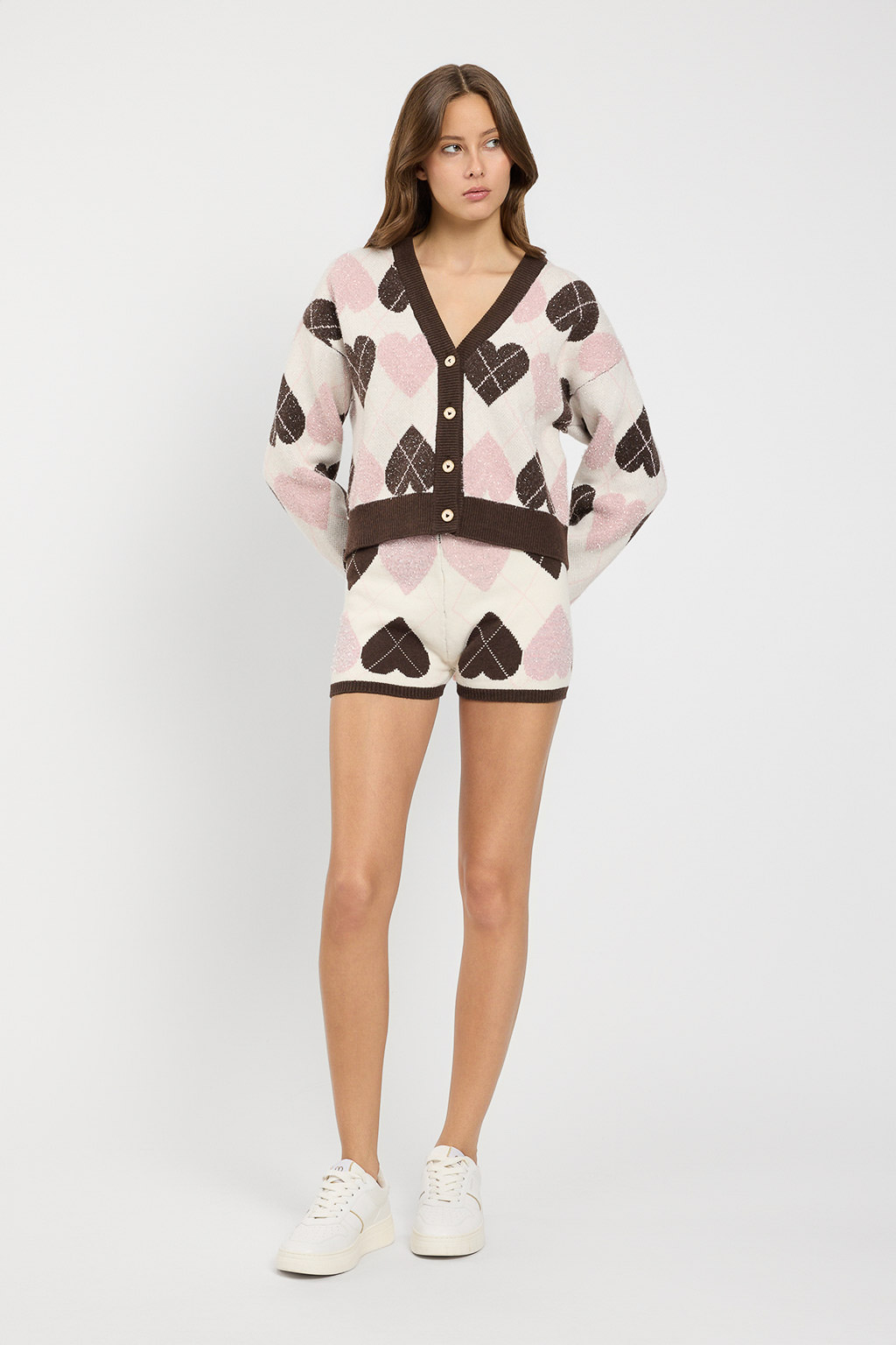Shorts da donna in maglia marchio TWINSET con lavorazione jacquard piquet motivo cuori e check su Origami Store