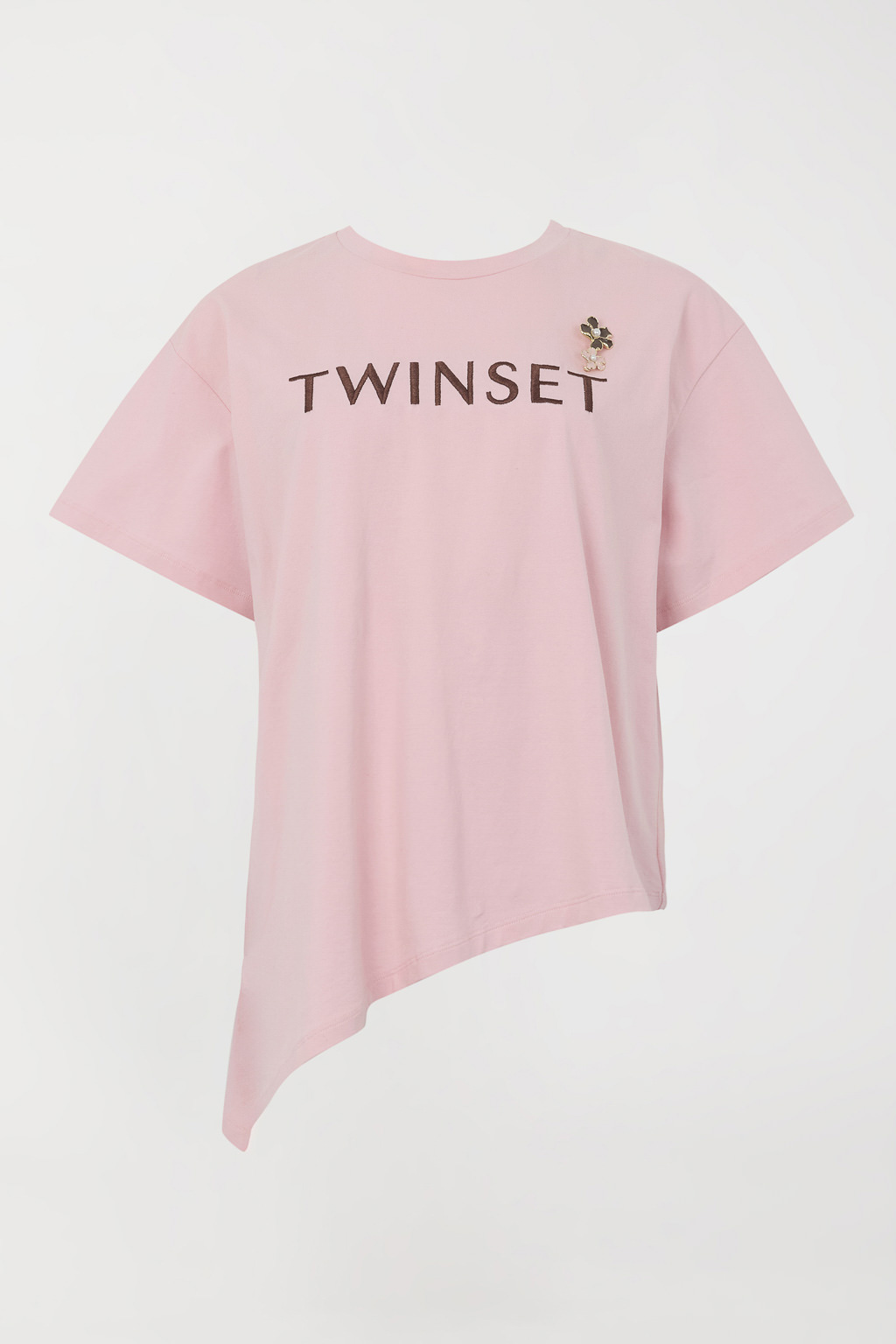 Twinset – T-Shirt "Powder Rose" in Cotone con Logo Ricamato e Spilla - immagine 4