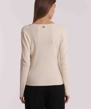 Mimì Muà Firenze – Maglia Bicolor "Nero/Panna" in Costina di Viscosa Stretch con Scollo a V e Dettaglio Bottoni - immagine 6