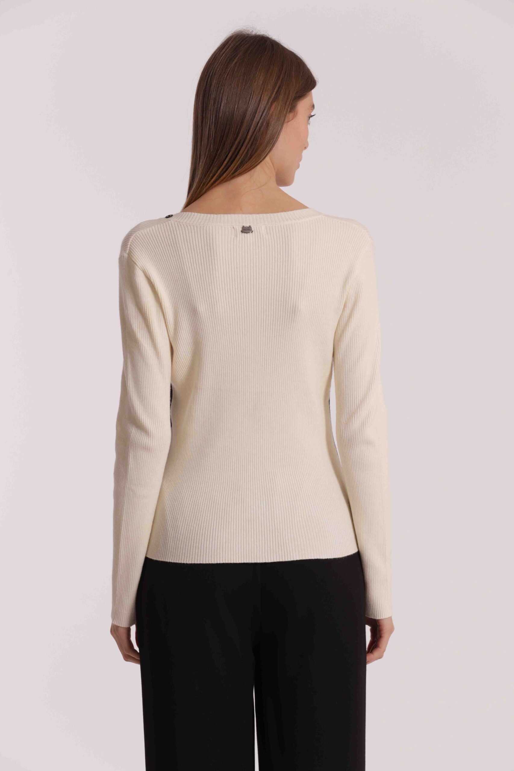 Mimì Muà Firenze – Maglia Bicolor "Nero/Panna" in Costina di Viscosa Stretch con Scollo a V e Dettaglio Bottoni - immagine 6