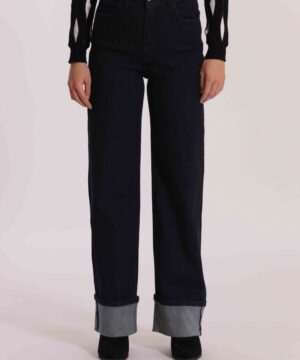 Mimì Muà Firenze – Jeans a Palazzo "Blu Scuro" Wide Leg Made in Italy in Cotone Stretch con Risvolto - immagine 3