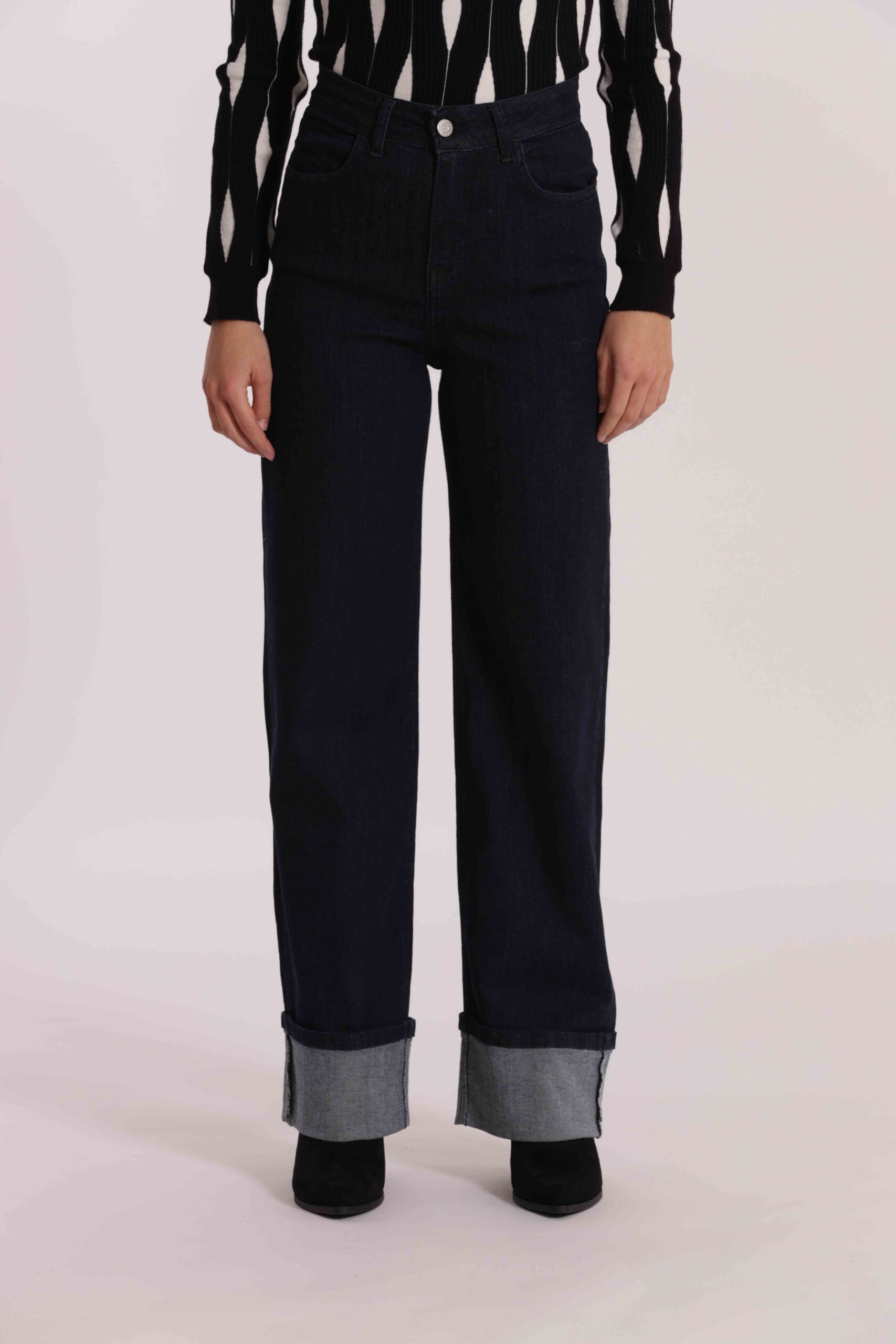 Mimì Muà Firenze – Jeans a Palazzo "Blu Scuro" Wide Leg Made in Italy in Cotone Stretch con Risvolto - immagine 3