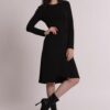 Abito corto da donna colore nero in tessuto crêpe stretch Made in Italy marchio Mimì Muà Firenze con pieghe drappeggiate frontali e gonna asimmetrica a portafoglio su Origami Store