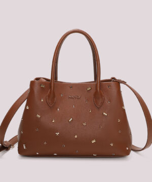 Borsa shopping da donna colore cuoio marchio Mimì Muà Firenze con applicazioni multicolor, borchie metalliche dorate e triplo vano su Origami Store
