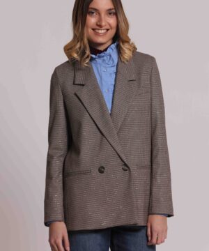 Giacca lunga blazer da donna colore bordeaux e beige marchio Mimì Muà Firenze doppiopetto in pied de poule con lurex su Origami Store
