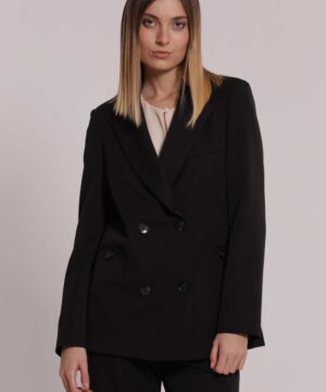 Giacca lunga blazer da donna colore nero marchio Mimì Muà Firenze Made in Italy doppiopetto in tessuto Vanz con tasche ondulate a bottone su Origami Store
