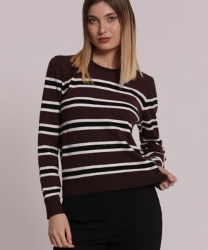 Maglia da donna a righe colore testa di moro in viscosa marchio Mimì Muà Firenze con collana di perle integrata sullo scollo su Origami Store