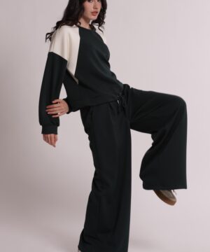 Pantalone da donna a palazzo in felpa di viscosa colore verde teal marchio Mimì Muà Firenze Made in Italy con coulisse e tasche su Origami Store