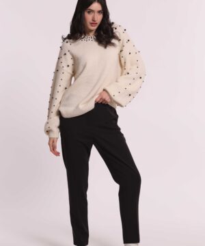 Pantalone da donna colore nero modello a sigaretta Made in Italy in tessuto vanz marchio Mimì Muà Firenze con piega stirata ed elastico posteriore in vita su Origami Store