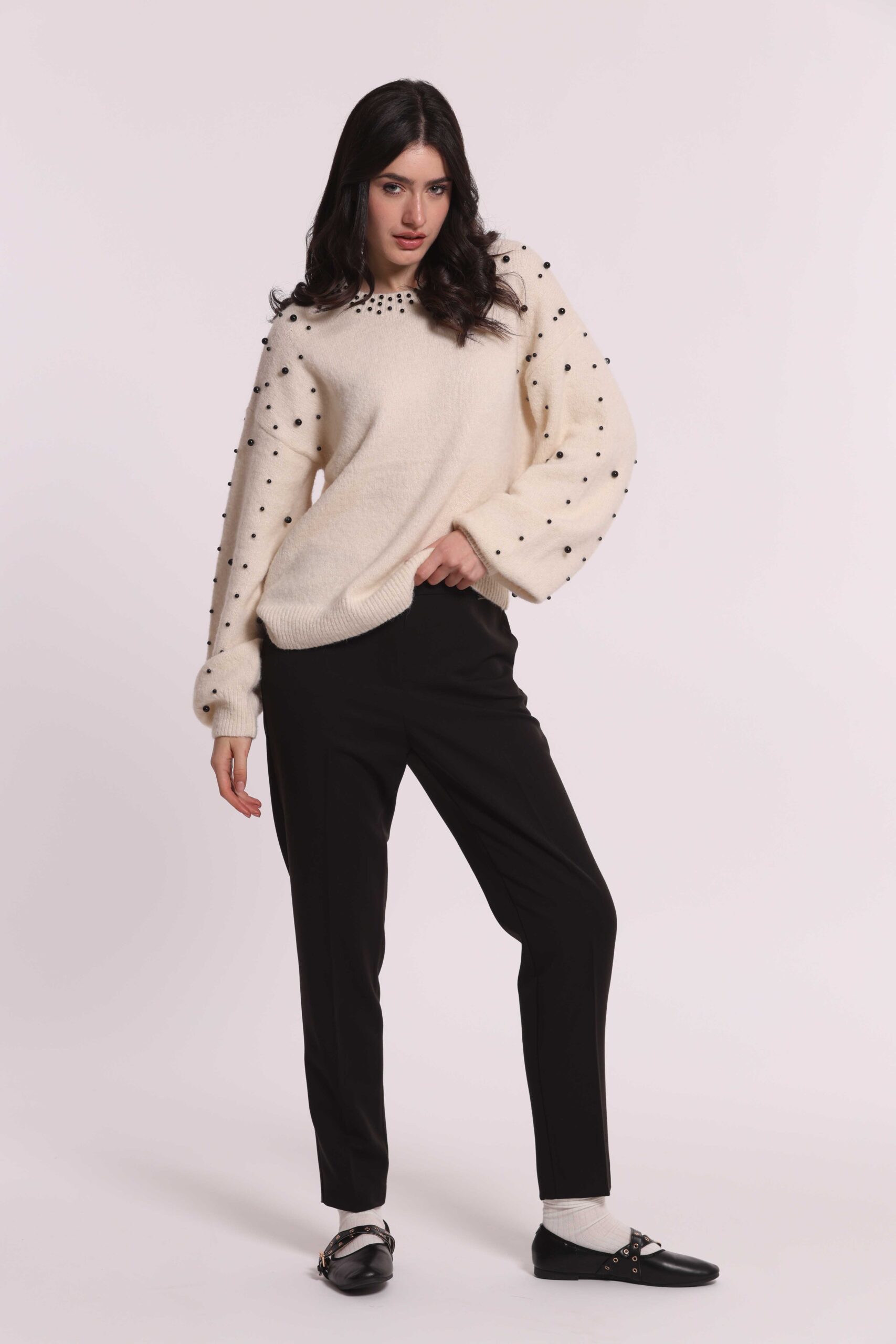 Pantalone da donna colore nero modello a sigaretta Made in Italy in tessuto vanz marchio Mimì Muà Firenze con piega stirata ed elastico posteriore in vita su Origami Store