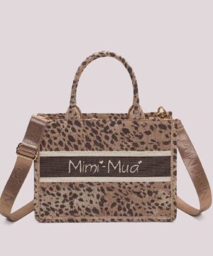 Borsa shopper piccola da donna marca Mimì Muà Firenze a fantasia animalier all over nei toni cammello e prugna con doppio manico su Origami Store